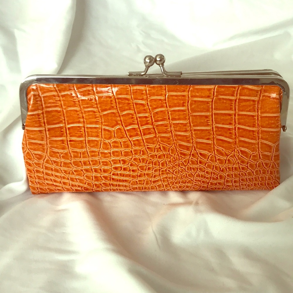 Orange Croc Pattern Leather Clutch